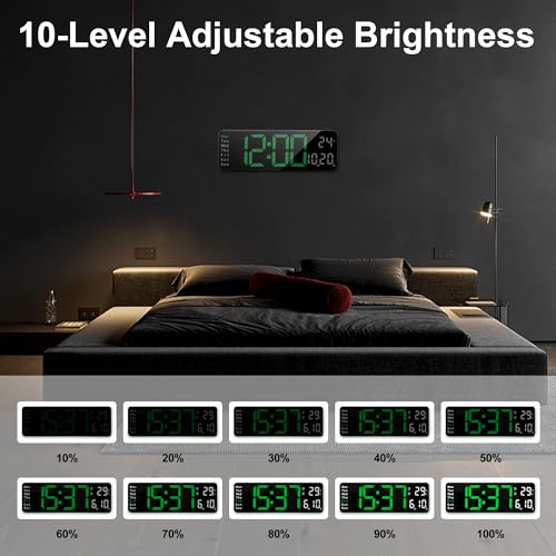 Miniatura 6 de Lafocuse Reloj Digital Pared Led Grande 32cm, Silencioso Reloj Digital Con Control Remoto, Temperatura, Fecha, 2 Alarmas, Brillo Ajustable, 12 24 Horas, Para Salon Cocina Oficina,Verde