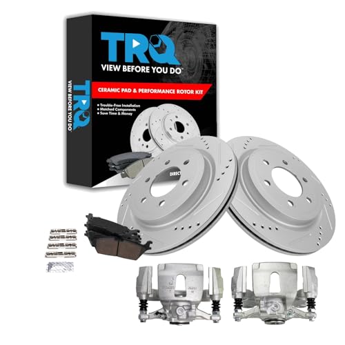Image of TRQ Rear Performance Brake Pad, Caliper, & Rotor Kit Ceramic Vented Premium G-Coated Compatible with 2018 Ford F-150