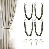 Uxney Green Curtain Tiebacks, 4 Pack Hand Braided Rope Curtain Holdbacks with Metal Hooks – Heavy Duty Sage Green Tie Backs for Drapes, Window Treatment Decorative Holdbacks for Living Room