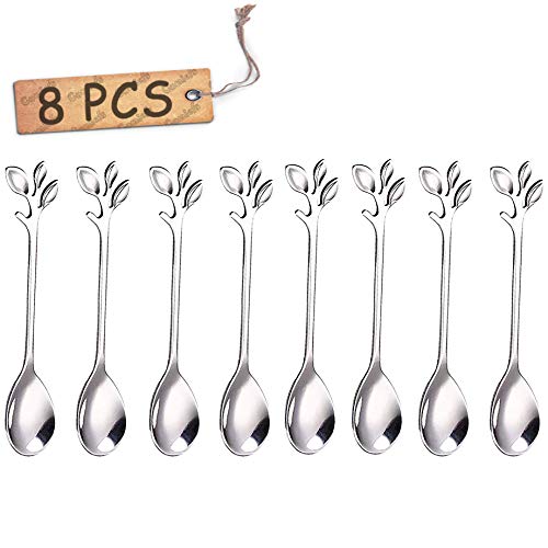 Comicfs Silver Leaf Coffee Spoon Set of 8 Ice-Cream Tea Stirring Spoons 47 Inches Dessert Demitasse Espresso Spoons Cutlery Kitchen Tableware 8 Spoons Silver