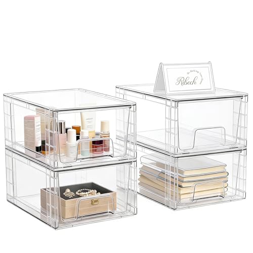 Ribech Juego de 4 Cajones Organizadores Apilables con Separador – de Acrílico Transparente para Escritorio, Maquillaje, Cocina, Baño & Salón