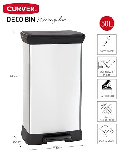 CURVER Metal Effect 70% Recycled Kitchen Pedal Touch Deco Bin 50 Litres - Silver - Image 7