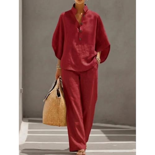 Conjunto de lino para mujer ropa de dos piezas camisa de botones y pantalones de pierna ancha 6