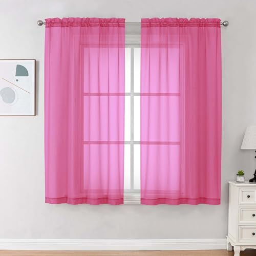 Image of OVZME Sheer Curtains 63 inch Length 2 Panels Set for Bedroom Living Room, Elegant Light Filtering Sheer Curtains, Soft Airy Dual Rod Pocket Window Drapes, Each 42W x 63L Inches, Hot Pink