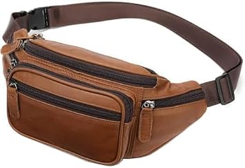 Mens Genuine Leather Fanny Pack Waist Bag for Outdoor Travel Hiking Camping Running Phone Wallet Holder Brown