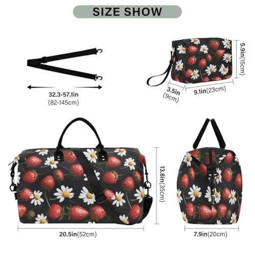 Strawberry Daisy Flower Black Travel Duffle Bag Gym Bag Weekender Bags with Toiletry Bag Travel Trip Tote Bag3