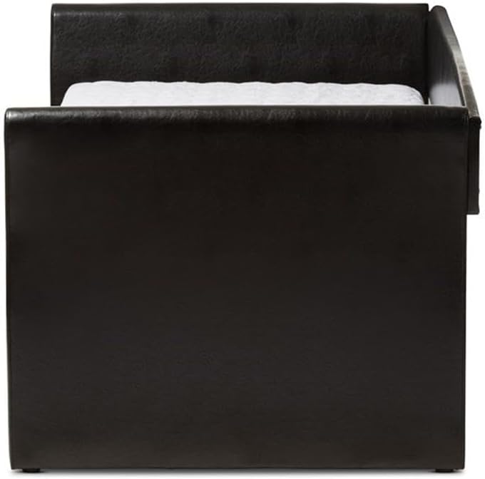 BOWERY HILL Contemporary Faux Leather Daybed with Trundle, Black Upholstery, Solid Wood Frame, Flared Arms, Camel Back Panel, Wheeled Guest Trundle, Versatile Sofa or Guest Bed for Living Room or