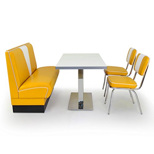 möbelland24 American Dinerbank V Set II in Gelb-Weiß 1x Sitzbank V 120cm + 2X Retro Stuhl + 1x Diner Tisch