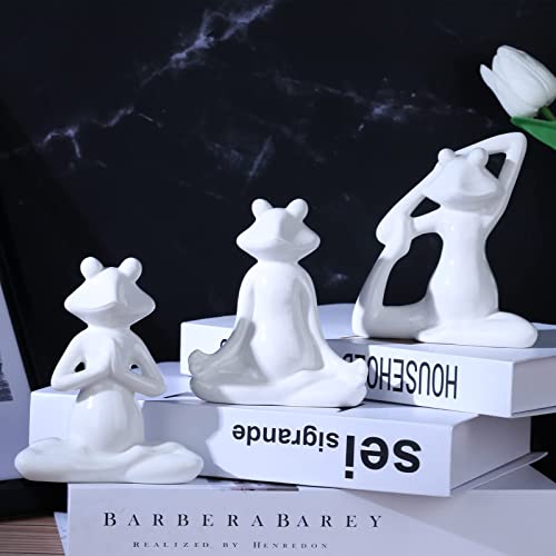 Oliruim Frog Figurine, Ceramic Glazed Frog Decoration 3Pcs Set, Meditation Accessories For Home Art Decoration, Zen Office Decoration, Bookshelf, Fairy Garden Decoration (White) #TOP1