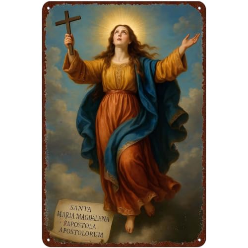 Vintage Metal Tin Sign St Mary Magdalene Cross Clouds 12x8 in