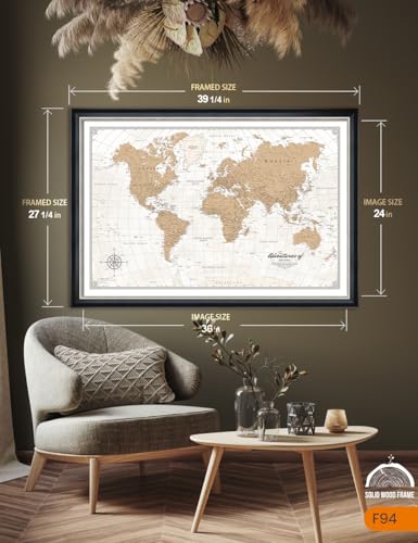 Image of IPIC - Custom Vintage World Map Canvas Wall Art, Personalized Artwork with Names and Message on, Framed Oversize Travel Map for Home, Office, or Study, Push Pin Wall Decor for Travel Lovers