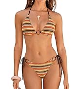 ZAFUL Triangle Bikini Sets for Women Sexy Tie Side Halter String O Ring Textured Two Piece Swimwe...