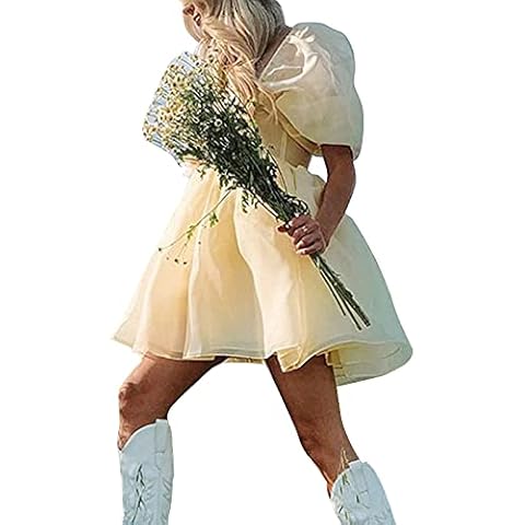 WANGSAURA Women Fairy Dress- Mesh Tulle Dress- Puff Sleeve Square Neck One-Piece Mini Fancy Party Dress (Yellow, L) Cover
