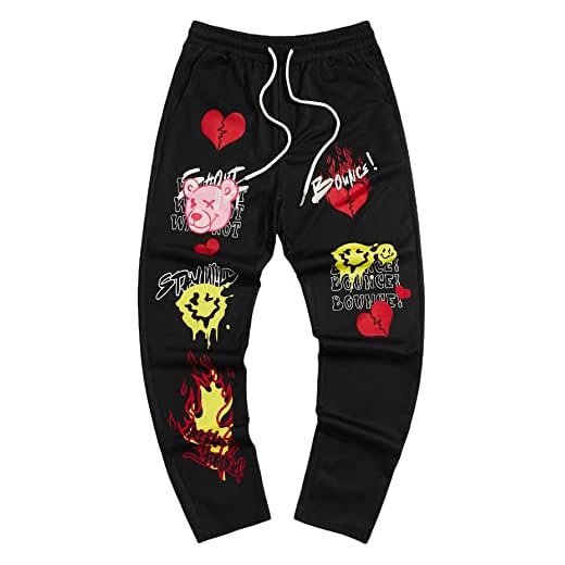 GORGLITTER Men's Graphic Joggers Workout Track Pants Drawstring Waist Sweatpants with Pockets Black Graphic Medium
