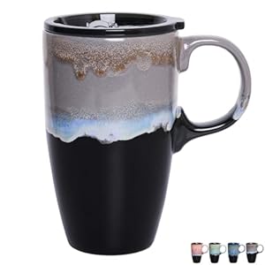 Bosmarlin Ceramic Travel Coffeel Mug with Handle and Lid, 18 oz, Portable Coffee Cup for Car Cup Holder, Microwave and Dishwasher Safe, Reactive Glaze (Grey)