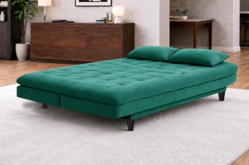 Image of Rosebell Modern Wooden 3-Seater Sofa Cum Bed Foldable Velevt Fabric Sofa for Living Room, Guest Room & Office-Green-Color