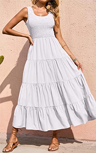 Prettygarden Sleeveless Casual Shirred Tank Top Maternity Dress Boho Tiered Maxi Dress Spring Dresses For Women 2023 Sundress (White,Small) #TOP1
