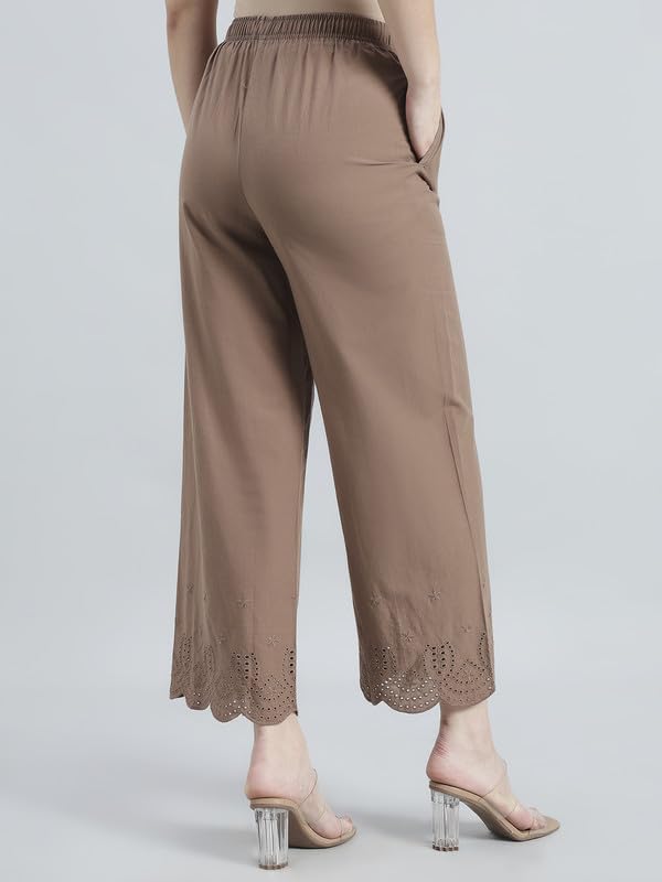 Image of GO COLORS Women's Cotton Hakoba Palazzo | Ankle Length, Schiffli Embroidery, Relaxed Fit, Mid-Rise with Side Pocket