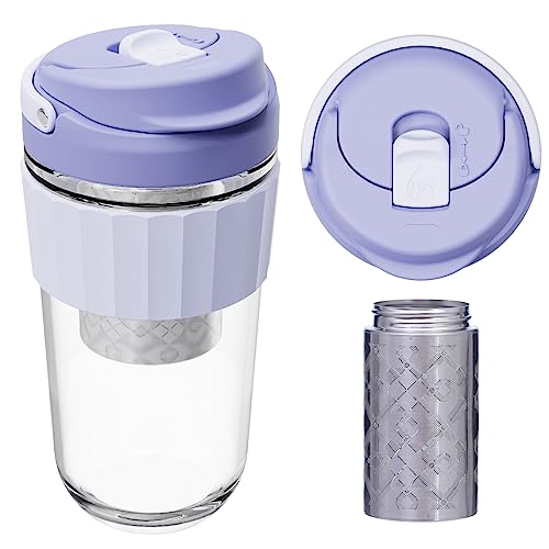 Hy3 Leak-Proof Glass Coffee Mug With Lid Lock, 17Oz Reusable Coffee Cup With Stainless Steel Filter, Travel Tea And Fruit Infuser With Handle, Bpa-Free, Microwave And Dishwasher Safe cover