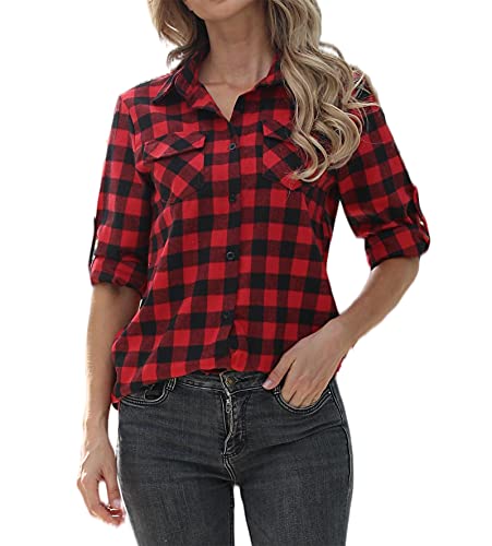 Jhsnjnr Womens Casual Long Sleeve Boyfriend Button Down Plaid Checkered Shirt Red Large