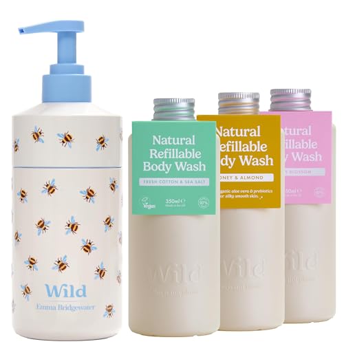 Wild Natural Refillable Body Wash Starter Kit - Includes Bee Print Aluminium Case & 3 Pack Shower Gel Refills in a Variety of Scents - Includes Honey & Almond, Fresh Cotton and Cherry Blossom Scents