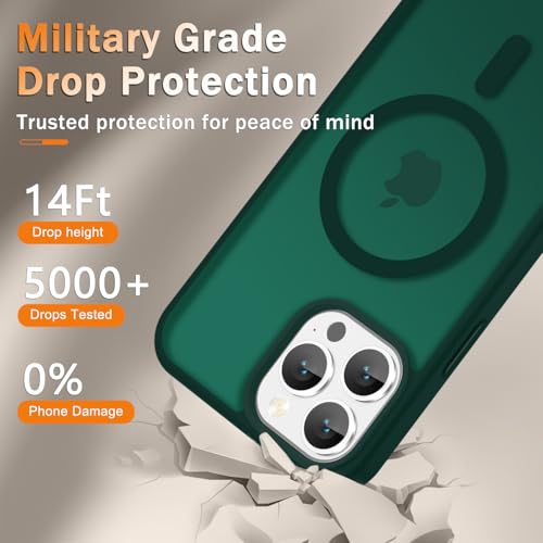Image of YENAPOON for iPhone 14 Pro Max Case, Matte Magnetic Phone Cover [with 1 Screen Protector] [Support for MagSafe] [Shockproof Military Grade Protection] Translucent Frosted Back, Dark Green