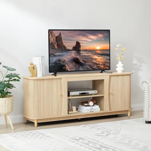 Image of TV Stand, Fluted Media Console Table with Storage and Sliding Door, Farmhouse Entertainment Center for Living Room, Home Office (Natural-No Fireplace)
