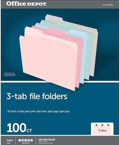 Office Depot® Brand File Folders, 1/3 Cut, Letter Size, Assorted Pastel Colors, Box of 100 Folders image 4