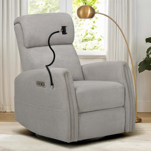 Image of COLAMY Modern Power Swivel Glider Recliner Chair, Nursery Rocking Chair, Living Room Chair, 270 Swivel 145 Recliner with Built-in Charging Ports, Dove Grey