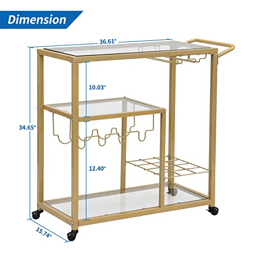 Homyshopy Bar Cart For Home, 3-Tier Mobile Kitchen Serving Cart With Glass Holder And Wine Rack, Rolling Wine Trolley With Tempered Glass And Chrome-Finished Metal Frame (Gold) #TOP6