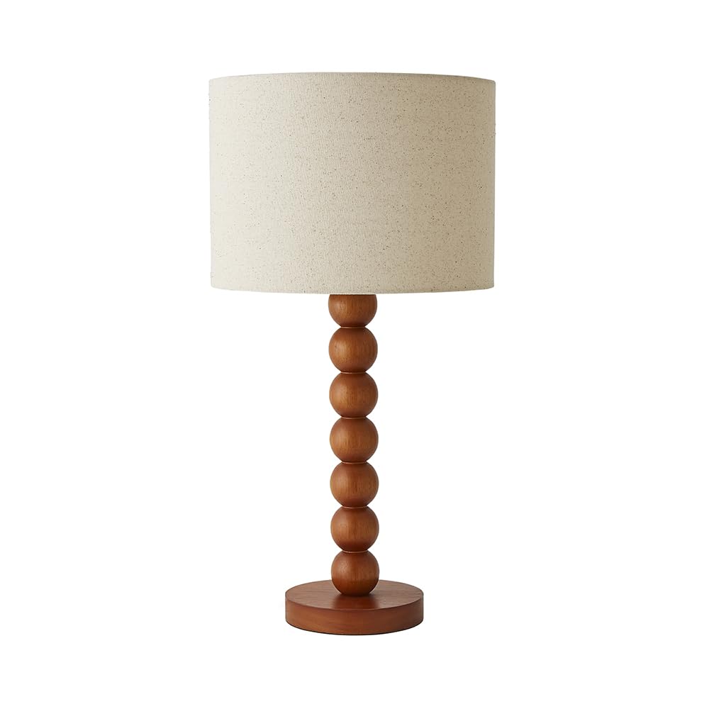 ValueLights Wyatt LED Table Lamp - Walnut Wood Bobbin - Natural Linen Shade