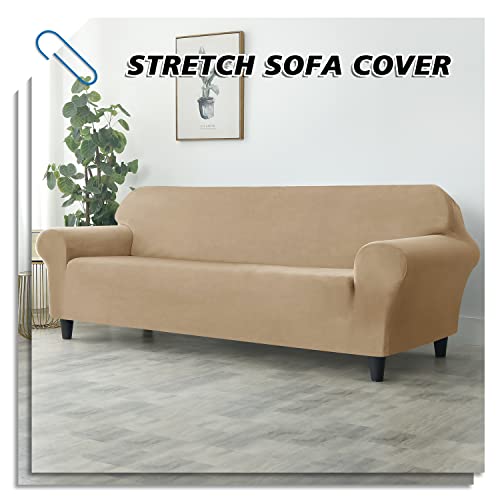 Housse de canapé velours extensible sable 4 places protection salon