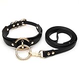 lalatia Damen Halsband O Ring Kunstleder Choker Halskette (Schwarz Gold mit Leine)