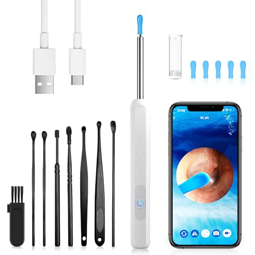 NURSETEK Ear Wax Removal, 1080P HD Ear Wax Removal Tool Camera Ear Wax Removal Kit Ear Camera Otoscope with 6 LED Light for iOS and Android (White)