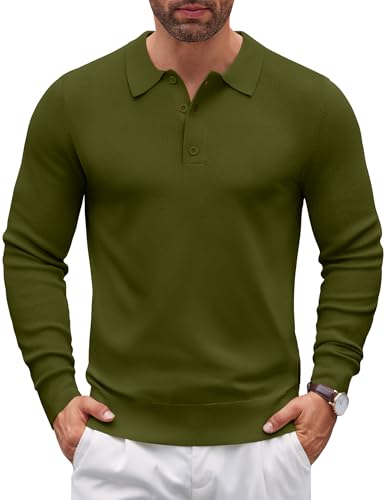 COOFANDY Mens Long Sleeve Polo Sweatershirt Lightweight Slim Fit Sweaters Knit Polo Sweater Fall Winter Army Green