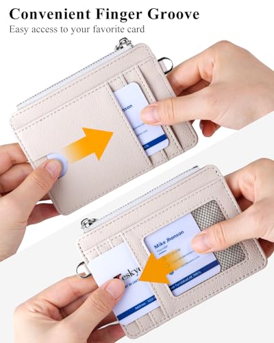 Image of Teskyer Slim RFID Wallet for Women, Small Card Holder with Zip Pocket, Beige, 3.5 inch x 4.7 inch, Minimalist | Zip Pocket for Cash Coin, 1 ID Window & 7 Card Slots, Ultra Slim Design, D-Ring for Neck Lanyard, for Daily Carry and Travel