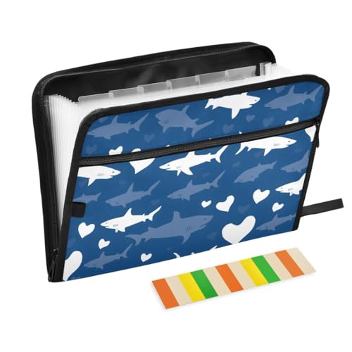 ALAZA White Shark Fish Heart Blue Expandable Filing Folder Storage Organiser Box Files, 13 Pockets Zip Filing Folders for Home or Office Documents
