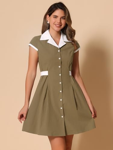 Image of Allegra K Women's Vintage Button Down Shirt Dress Notch Lapel Short Sleeve Belted Office Mini Short Dresses