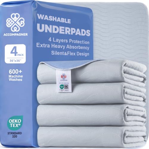 Image of Accompagner Incontinence Bed Pads Washable Waterproof, Ultra-Absorbent Reusable Underpads for Diaper Changing, Nursing, Bedridden, Adults, Seniors, Kids and Dogs (Pearl Gray, 36 inchx36 inch(Pack of 4))