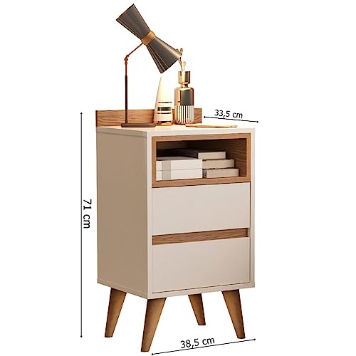 Conjunto 2 Mesas de cabeceira retrô pés em madeira 2 gavetas -Alamo- Off White/Nature