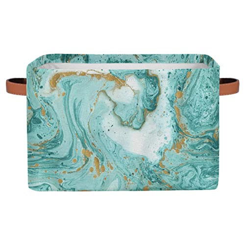 Turquoise Marble Texture Storage Baskets Bin, Teal Marble Collapsible Canvas Fabric Storage Bin Decorative Baskets Toy Organizer Rectangle Storage Boxes With Handles For Home Shelves Nursery,1Pack #TOP29