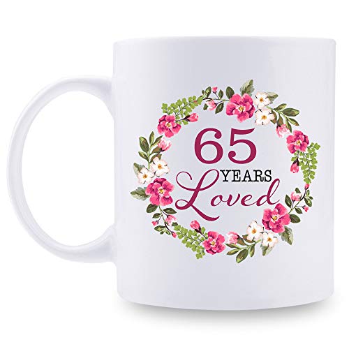 aiyaya 65th Birthday Gifts for Women - 65 Years Loved with A Garland Birthday Mug - 65 Year Old Present Ideas for Grandma, Mom, Daughter, Sister, Wife, Friend, Cousin, Aunt, Coworker - 11 oz