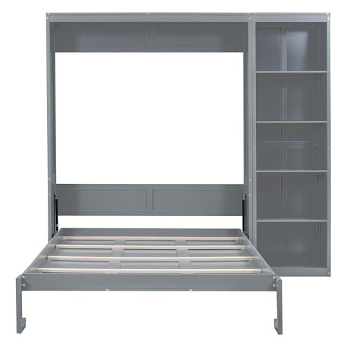Image of Merax Space-Saving Gray Murphy Bed Queen Size with Adjustable Storage Shelves, Multifunctional Foldable Wall Bed for Small Spaces Studio Study Office Guest Room