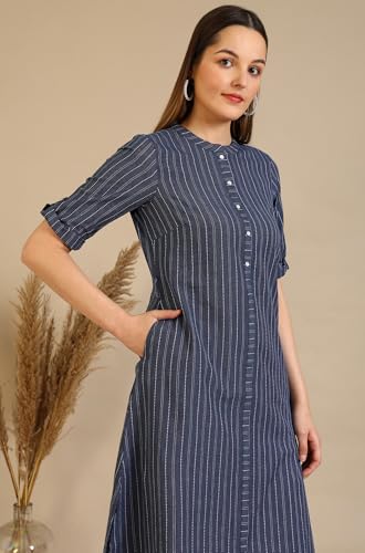 Image of Aurelia Women's Blue Striped Pure Cotton Mandarin Collar Straight Kurta