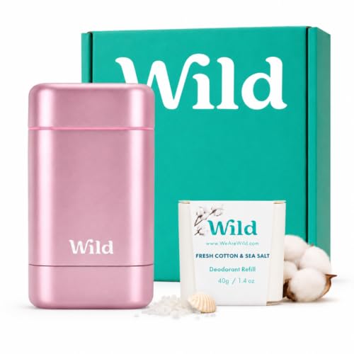 Wild Aluminum Free Natural Deodorant Starter Kit - Refillable Pink Case - Natural Ingredients & 24 Hour Odor Protection - Women's - Fresh Cotton and Sea Salt Scent - Case + 1 Refill