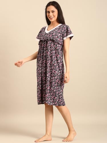 Image of Rupa Jon Aishwarya Women Short Printed Nighty in Premium Cotton Blend Fabric, Midi Length, Night Dress, Three-Fourth Length for Comfortable Everyday Wear