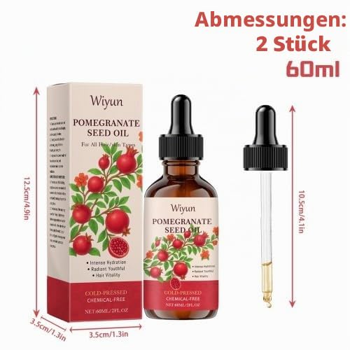 Foto von 2 Stück Granatapfelkernöl 60ml, 100% Kaltgepresste Pomegranate Seed Oil, Körperöl & Haaröl mit Granatapfelextrakt, Biologische Feuchtigkeitsessenz, Körpermassageöl für Körper, Haare, Gesicht