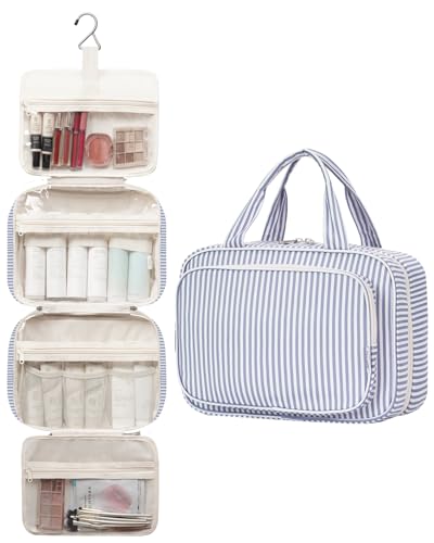 Narwey Trousse de Toilette de Voyage à Suspendre Femmes Trousse de Maquillage Organisateur Accessoires Toilette Sac de Toilette (Rayures Gris Bleu(Grand)) – Image 3
