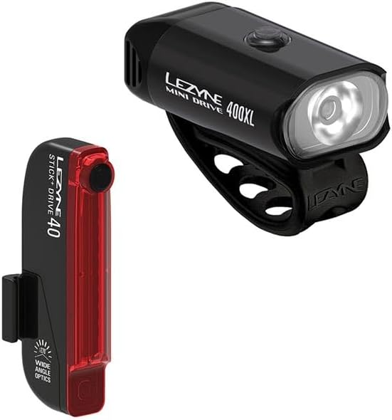 Lezyne Mini Drive 400XL & Stick+ Front & Rear Bike Lights Set - CNC Aluminum, 400 Lumen LED, USB Rechargeable, Waterproof, Side Visibility, Lightweight