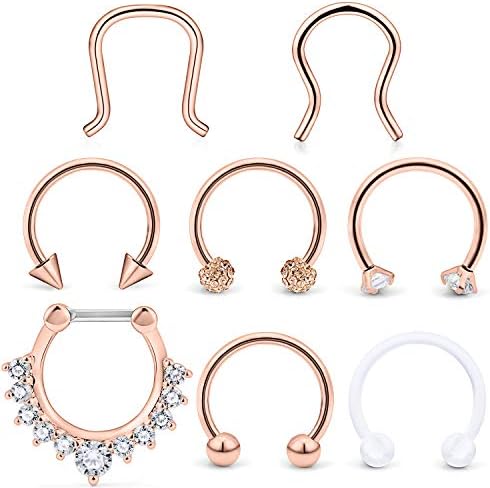 Hoeudjo Septum Clicker Rings 16G Surgical Steel Nose Hoop Rings Retainer Body Piercing Jewelry with Clear CZ Women Men U & D Shaped Daith Helix Tragus Lip Cartilage Earrings 8 Pieces Rose Gold